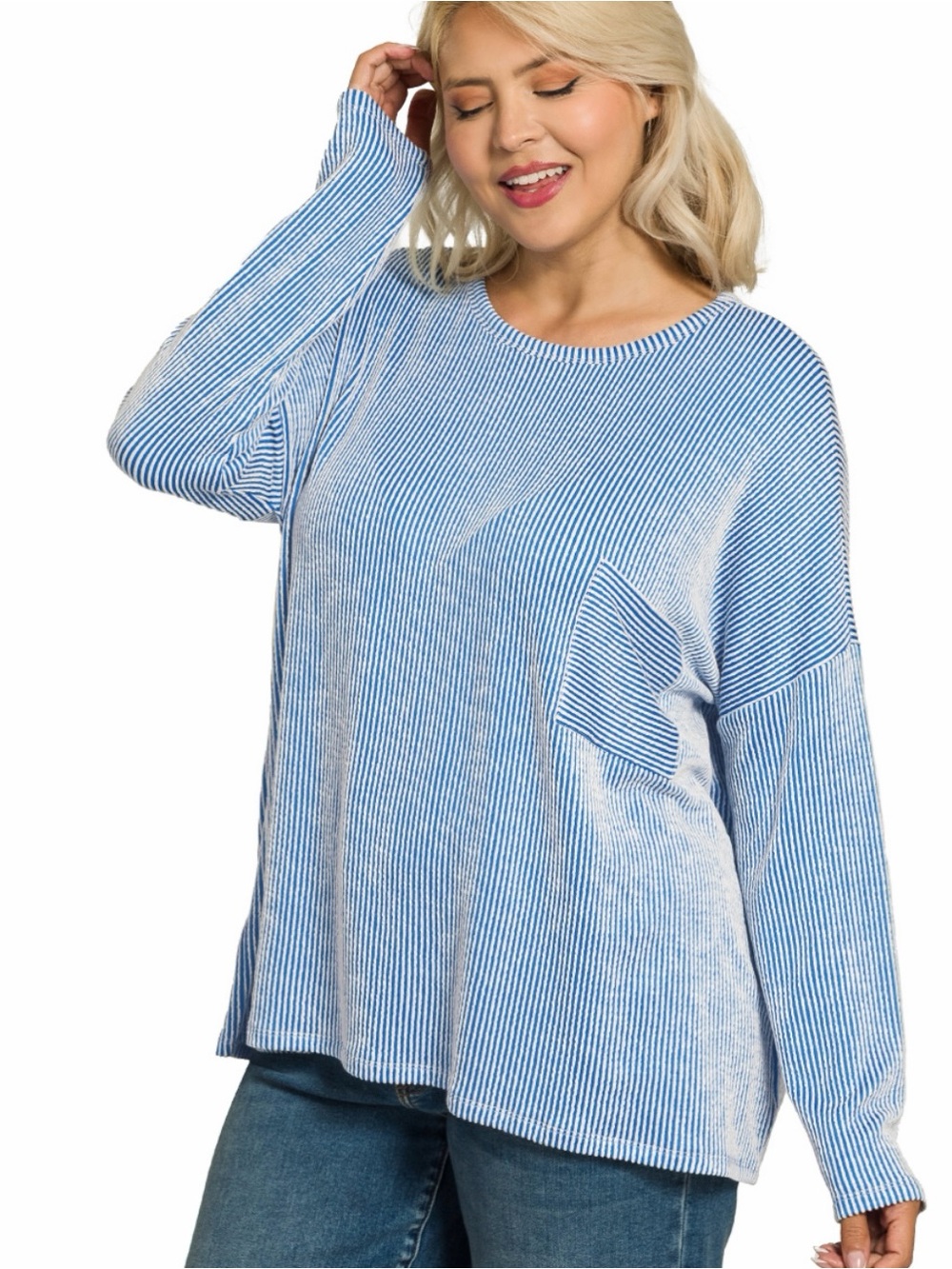 Zenana Plus Size Oversized Blue Stripe Long Sleeve Top